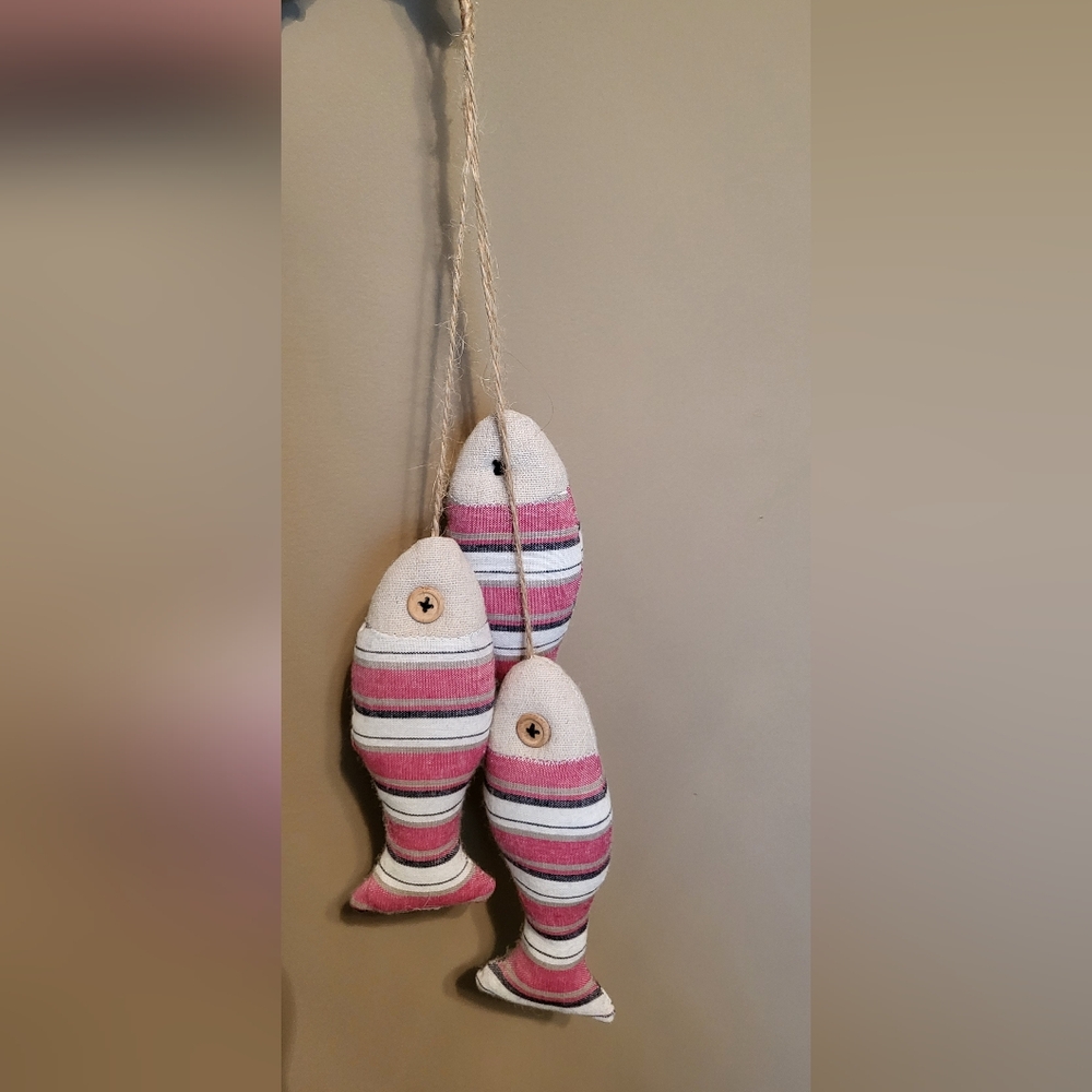 Fish Decor..  Plush Striped Light Red and Cream Hanging Fish Decor